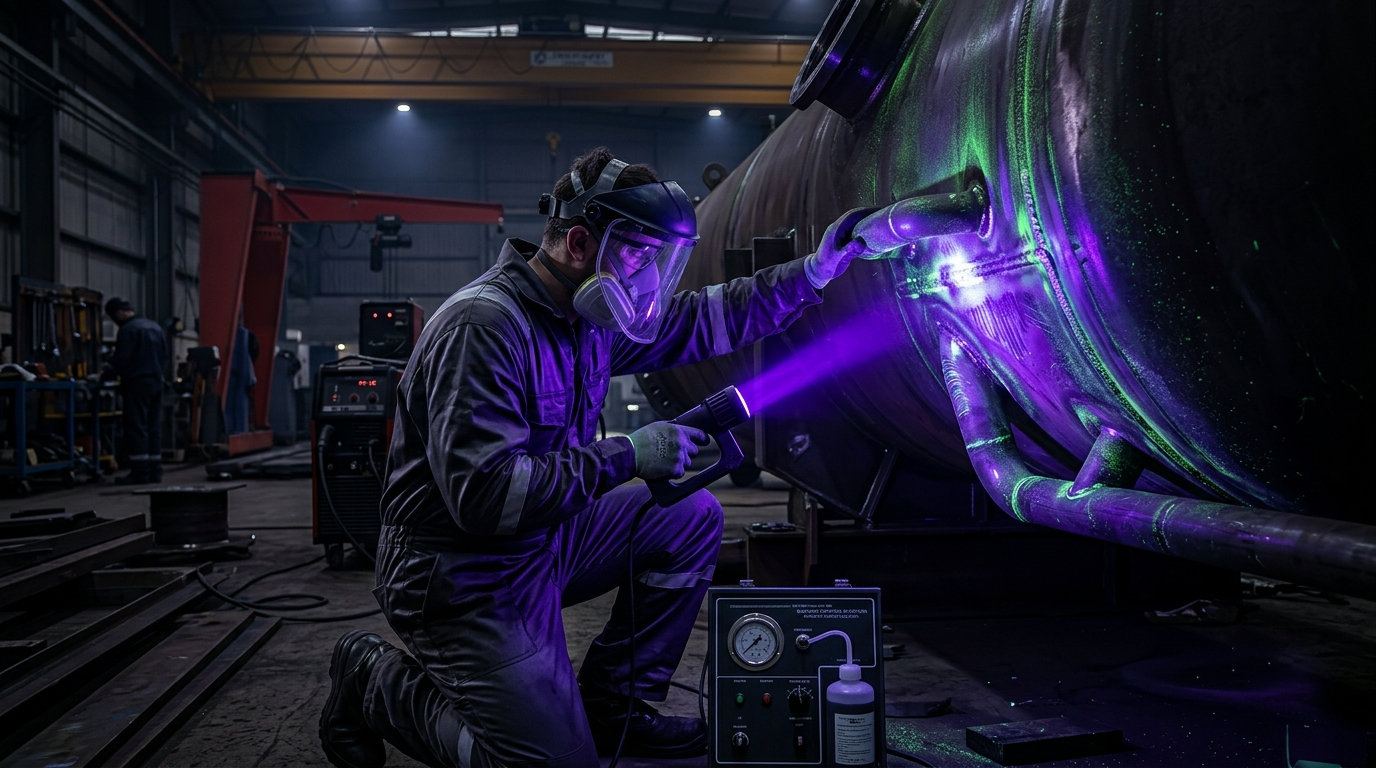 Inspeção por partículas magnéticas em solda de vaso de pressão, sob luz ultravioleta