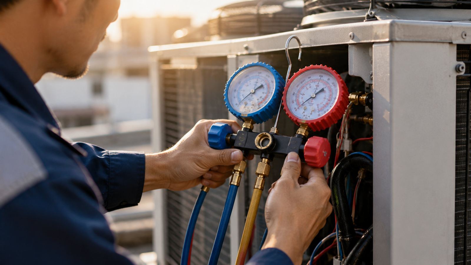 Técnico verificando pressão de refrigeração com manifold de manômetros