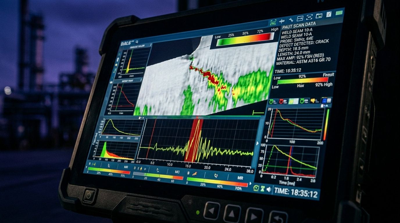 Tela de inspeção por ultrassom phased array mostrando mapa de defeito em solda