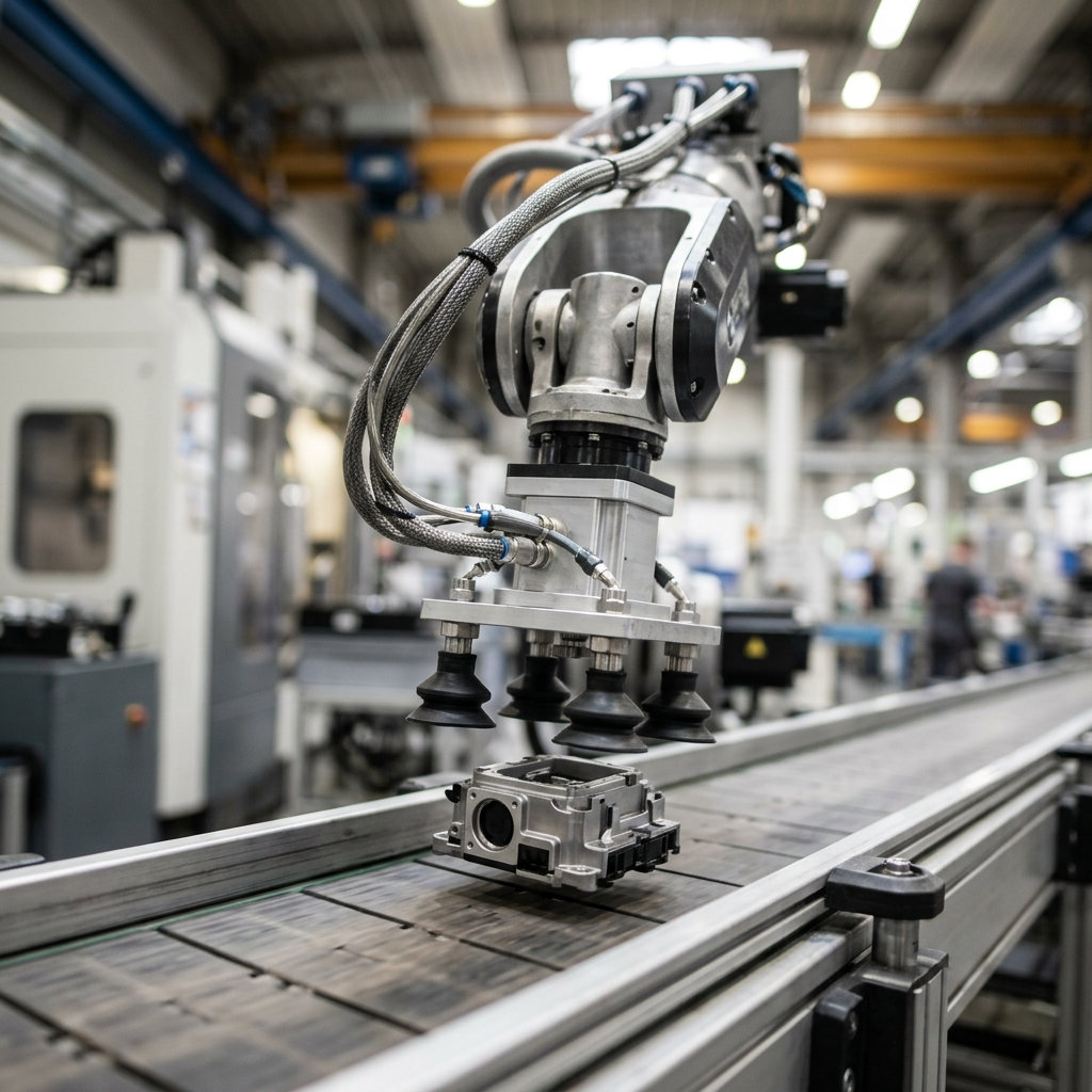Braço robótico industrial em linha de produção automatizada