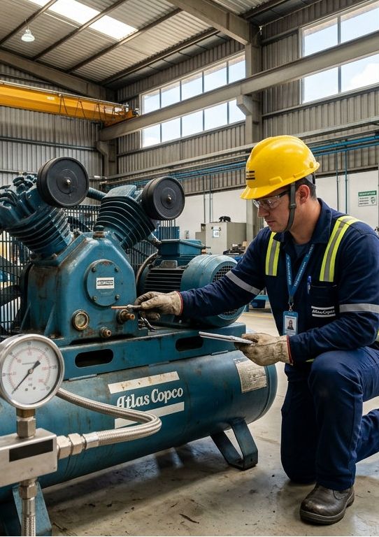 Inspeção técnica em compressor industrial alternativo