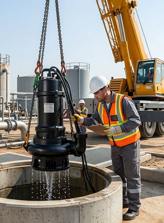 Serviço industrial em bomba submersível com içamento técnico
